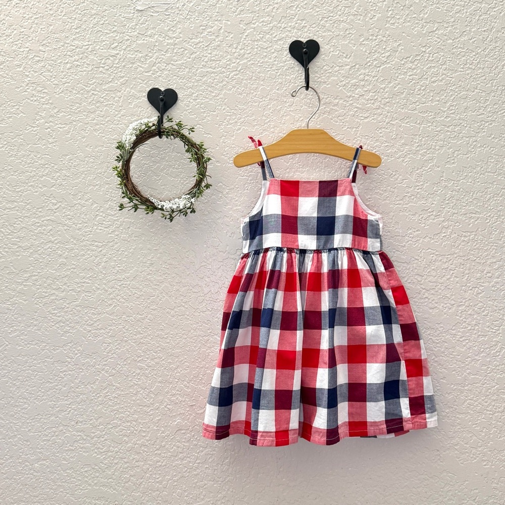 Baby B’gosh 24M Plaid Cotton Dress | Button Front | Fully Lined | Tie Straps - Picture 2 of 3